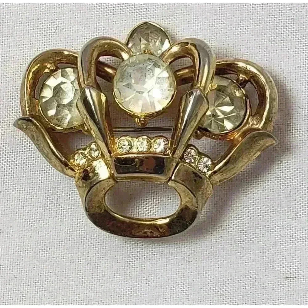Vintage Brooch Gold Filled Crown Gold Overlay Rhinestones Queens Jubilee